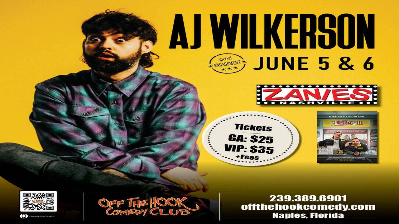Comedian AJ Wilkerson sits cross-legged on a yellow background. Text reads "AJ Wilkerson, June 5 & 6, Zanies Nashville." Ticket prices, QR code, venue info and images of comedy club logos are also shown. South Florida Business & Wealth