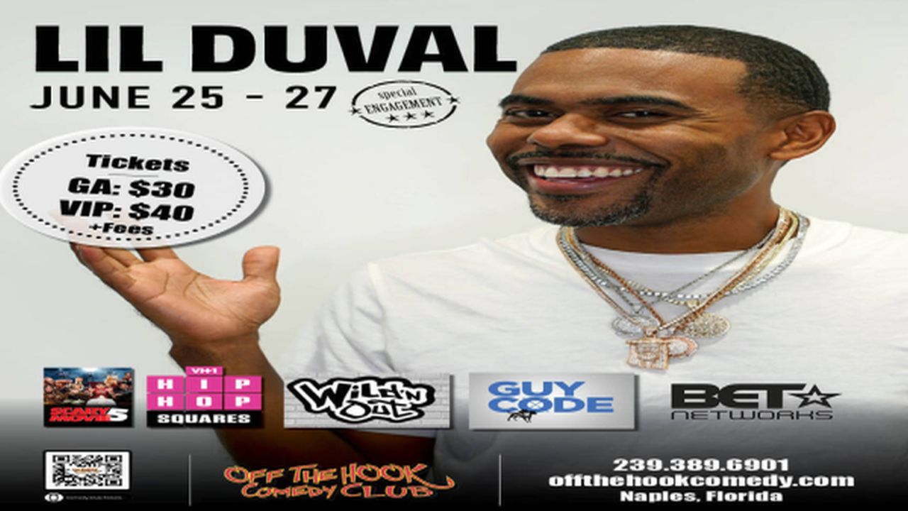 Comedian Lil Duval smiles and gestures with his hand on a promo poster for his June 25–27 shows at Off The Hook Comedy Club, featuring ticket info and TV logos. Contact and location details are at the bottom. South Florida Business & Wealth