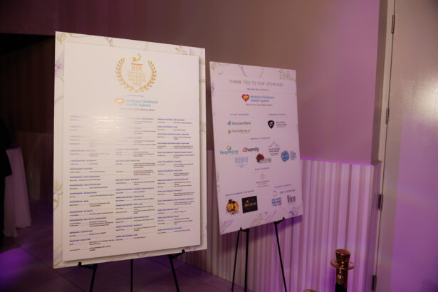 Two large event boards on easels display a list of honorees and sponsors at an indoor venue with purple lighting and a striped wall in the background. South Florida Business & Wealth