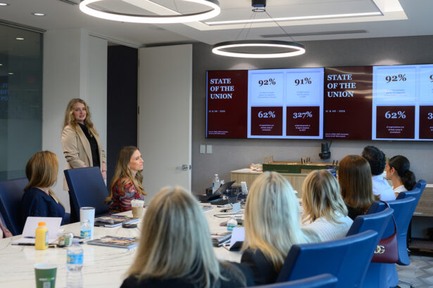 A woman stands and presents to colleagues seated around a conference table, with slides displaying “State of the Union” and survey percentages visible on large screens in a modern meeting room. South Florida Business & Wealth