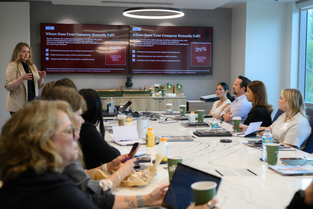 A woman presents to a group of people seated around a conference table. Two large screens behind her display a slide titled "Where Does Your Company Honestly Fall?" with text and a statistic of 39%. South Florida Business & Wealth