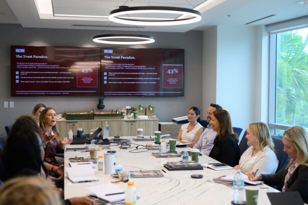 A group of people sit around a conference table in a modern office, engaged in discussion. Two screens display a presentation titled “The Trust Paradox.” Notebooks, drinks, and documents are spread across the table. South Florida Business & Wealth