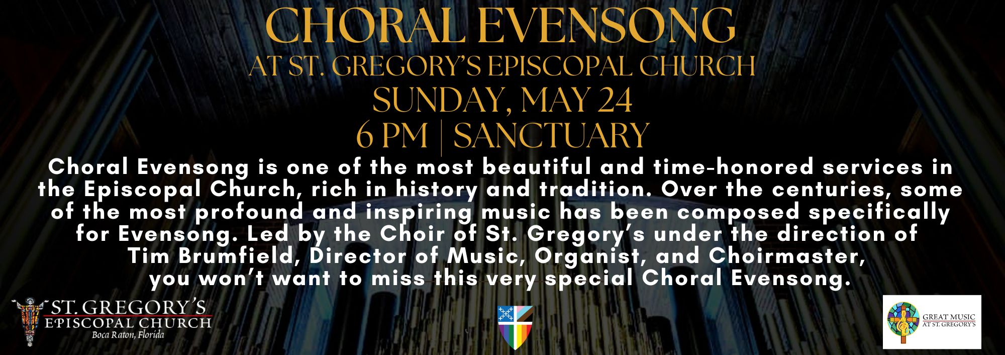 Choral Evensong event announcement for St. Gregory’s Episcopal Church, detailing a service on Sunday, May 24 at 6 PM in the sanctuary, with a brief description of the event and church logos at the bottom. South Florida Business & Wealth