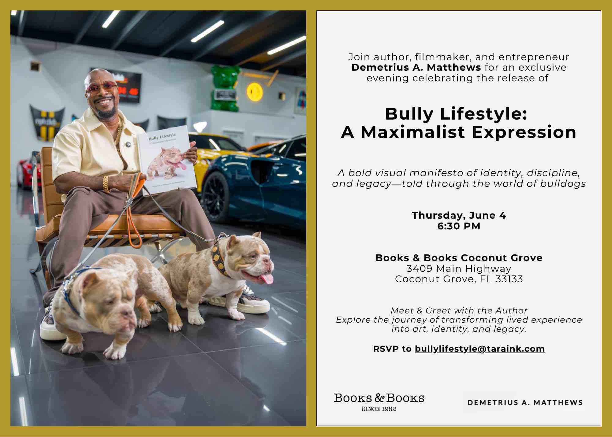 A man sits and smiles in a car showroom beside two bulldogs on leashes. A yellow sports car is in the background. An event invitation for "Bully Lifestyle: A Maximalist Expression" is displayed on the right. South Florida Business & Wealth