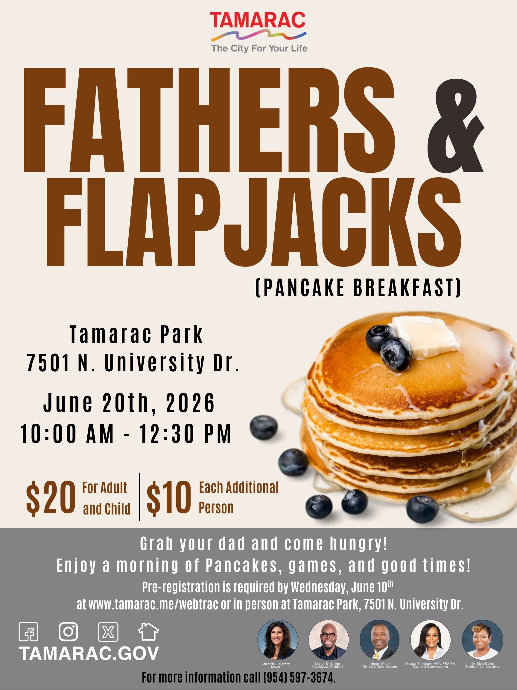 Event flyer for "Fathers & Flapjacks" pancake breakfast, with a stack of pancakes and blueberries. Event is June 20, 2026, 10:00 AM–12:30 PM at Tamarac Park. Includes costs, RSVP info, and contact details. South Florida Business & Wealth