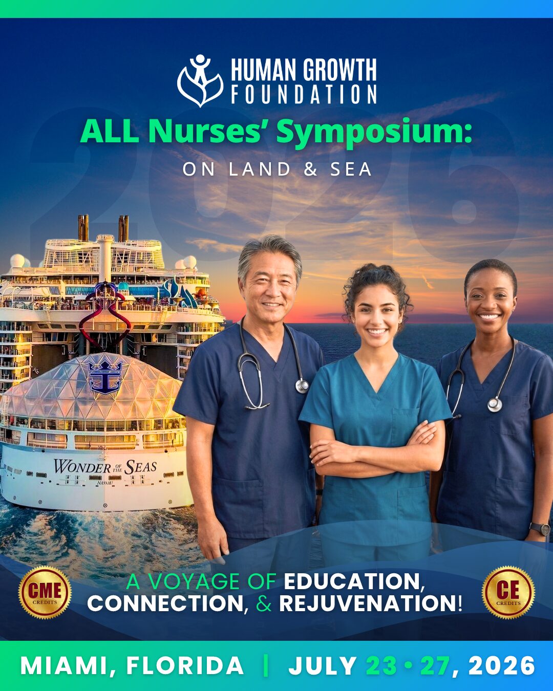 Three smiling nurses stand in front of a cruise ship with the text “All Nurses’ Symposium: On Land & Sea,” and event details for Miami, Florida, July 23-27, 2026, organized by the Human Growth Foundation. South Florida Business & Wealth