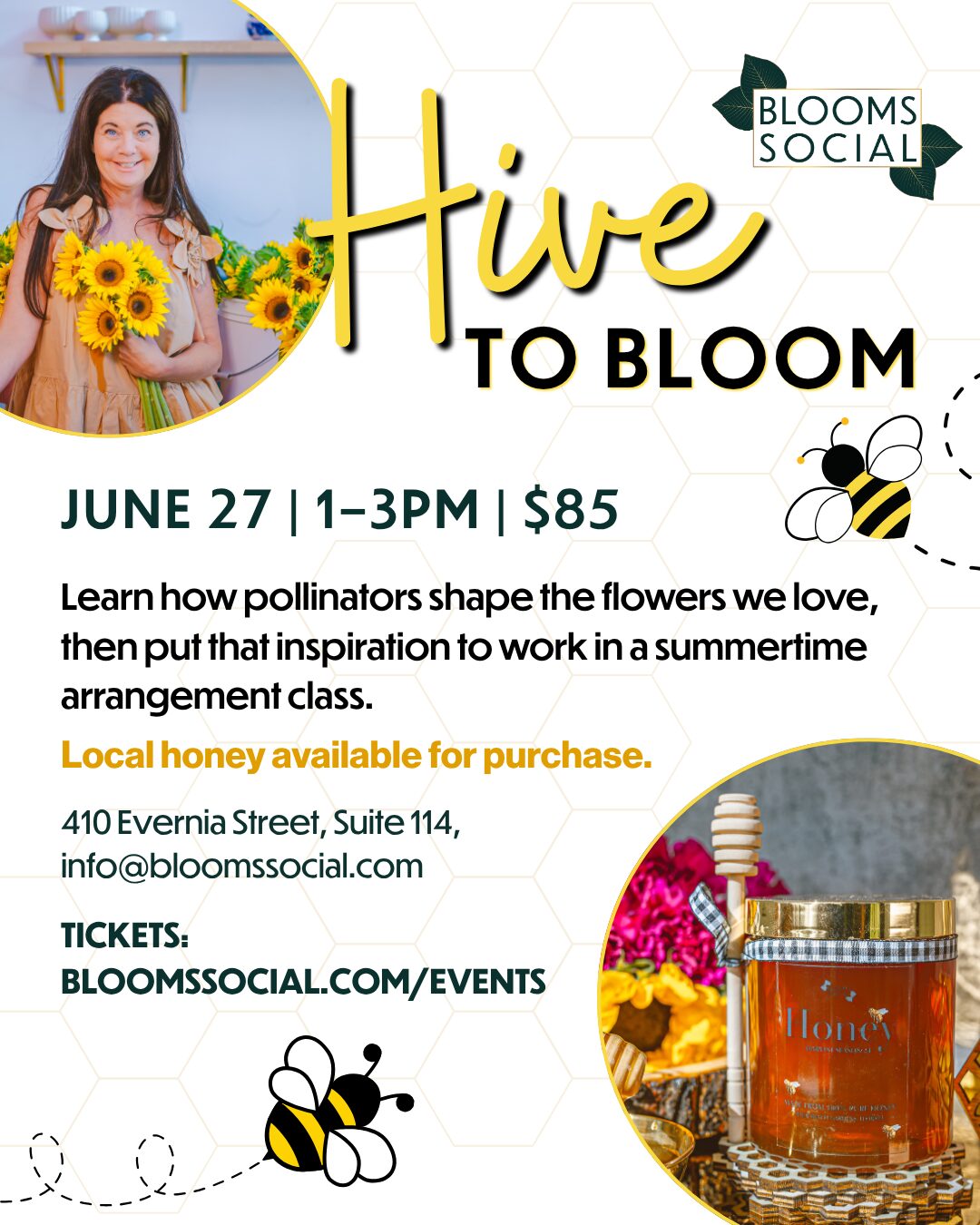 Hive to Bloom" event on June 27, 1-3 PM for $85. Learn about pollinators and floral arrangements. Honey available for purchase. BloomsSocial.com/events. South Florida Business & Wealth