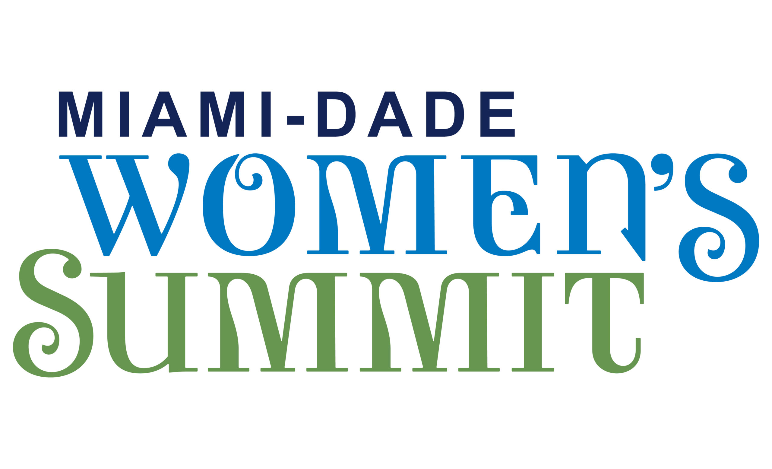 Logo with text: "Miami-Dade Women's Summit" in bold, decorative blue and green fonts on a white background. South Florida Business & Wealth