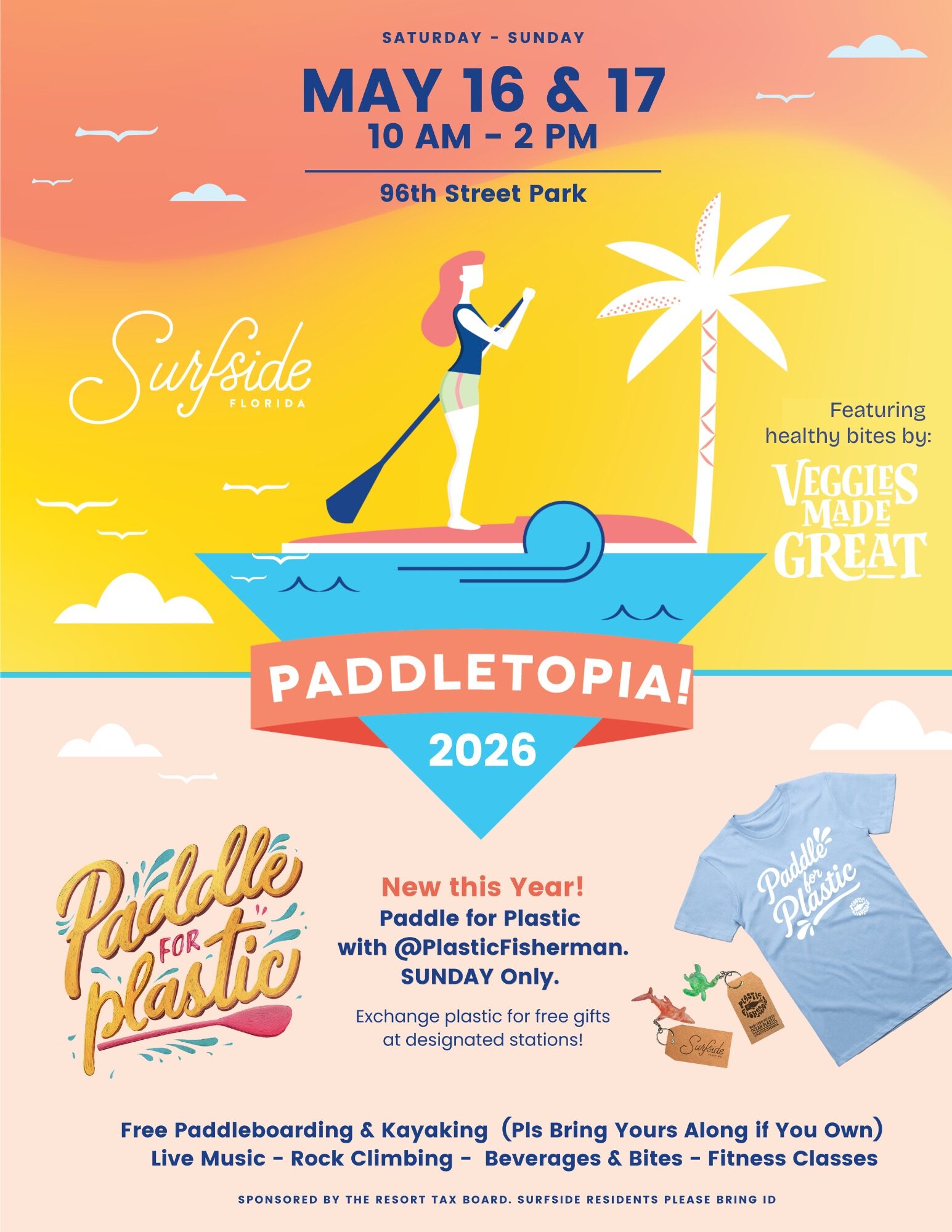 Colorful event flyer showing a woman paddleboarding on water with palm trees, advertising "Paddletopia! 2026" at 96th Street Park, with info on free paddleboarding, kayaking, and a “Paddle for Plastic” initiative. South Florida Business & Wealth