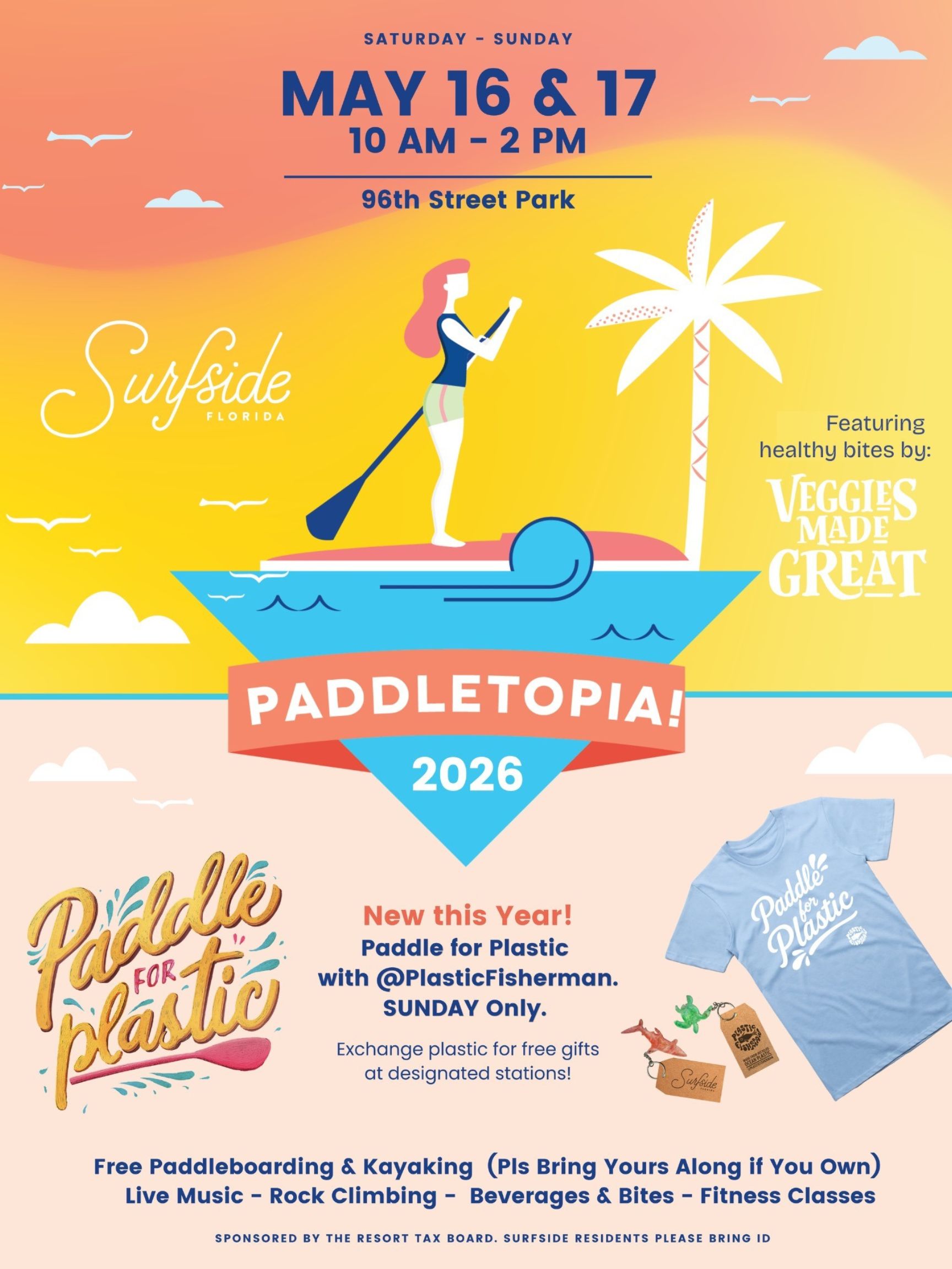 Colorful event flyer for "Paddletopia! 2026" at 96th Street Park, May 16-17, 10am-2pm. Includes paddleboarding illustration, event details, sponsor logos, and info about free activities, live music, and the Paddle for Plastic initiative. South Florida Business & Wealth