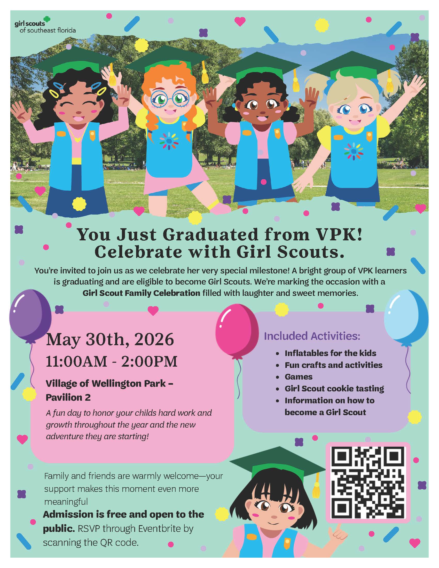 Four girls in blue Girl Scout vests smile and wave outdoors. The poster invites families to a Girl Scout celebration on May 30th, 2026, listing fun activities and RSVP details, with festive graphics and a QR code. South Florida Business & Wealth