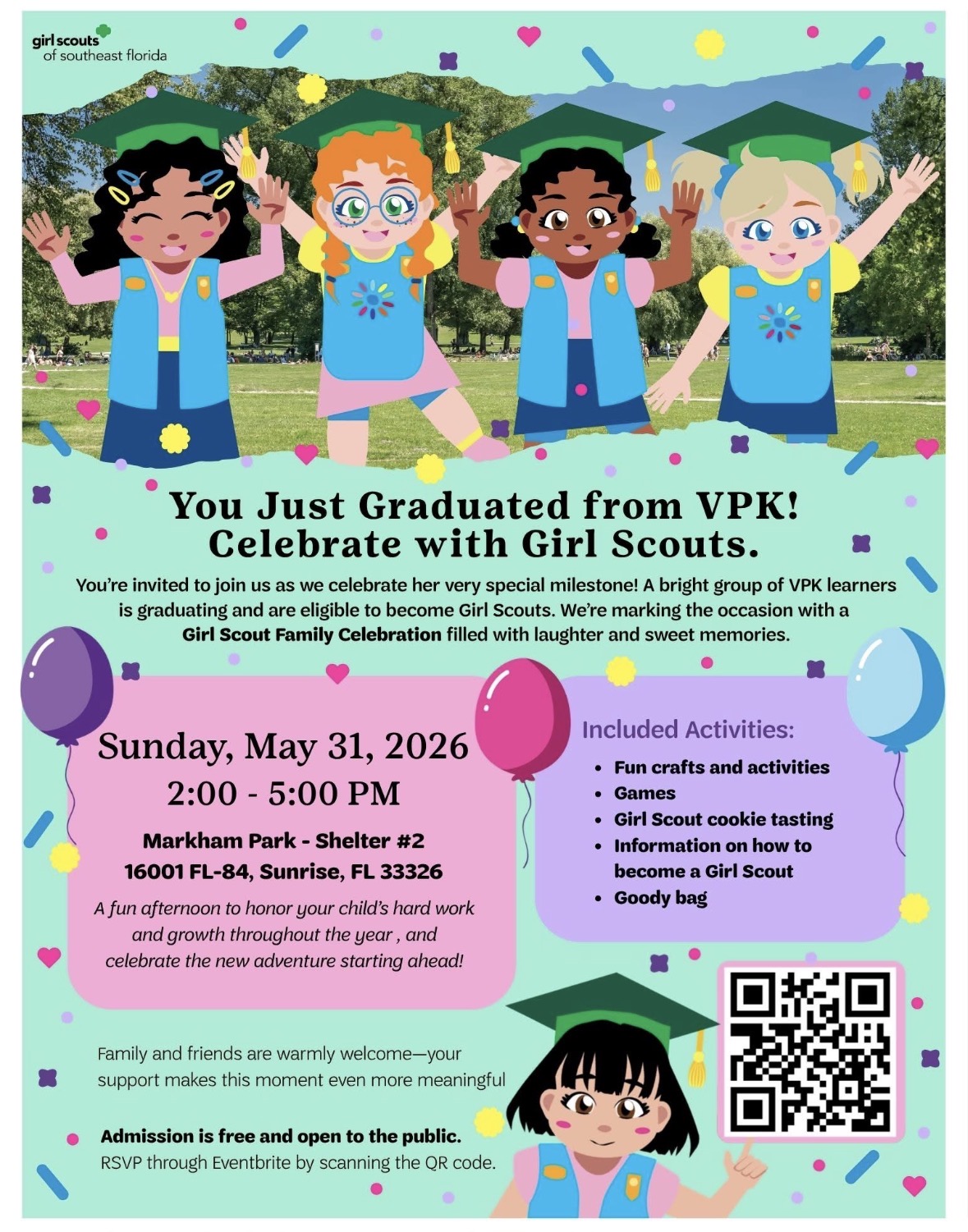 Four smiling children in blue outfits stand with arms raised under colorful confetti. Event info for a Girl Scout celebration is displayed, listing activities like crafts, games, cookie tasting, and a goodbye bag on May 31, 2026. South Florida Business & Wealth