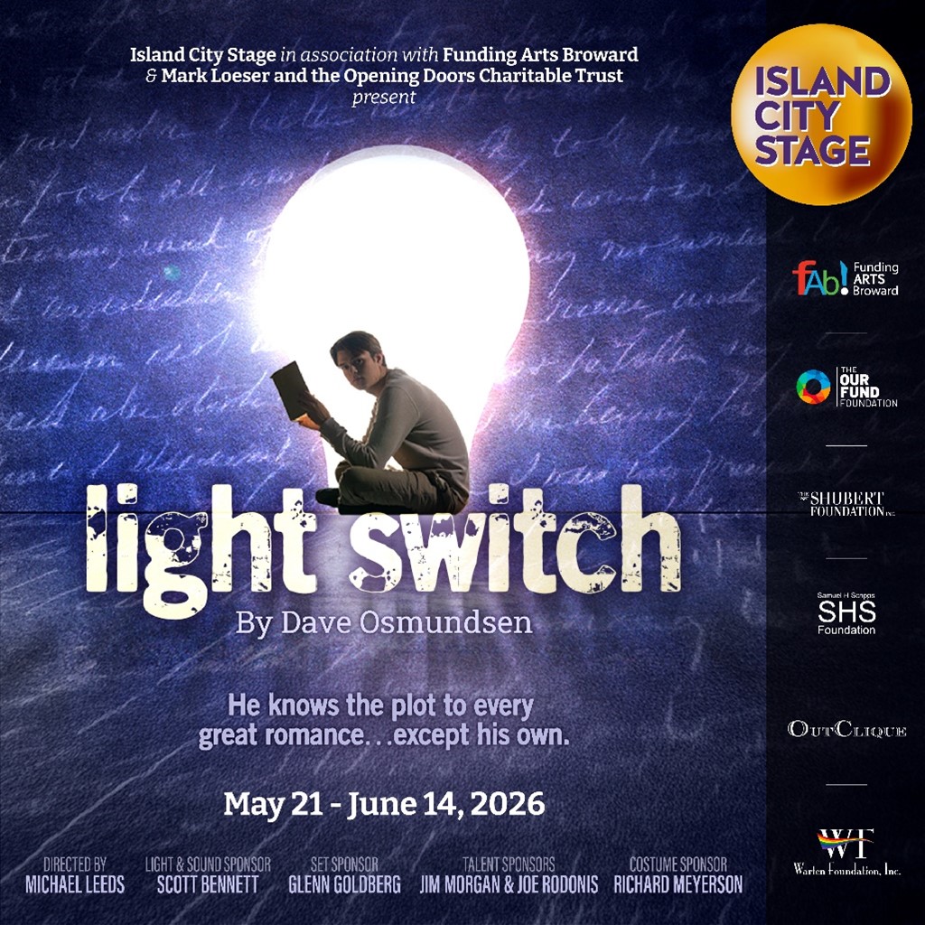A person sits on a chair reading a book, lit by a glowing rectangle, with the play title “light switch” by Dave Osmundsen and show dates May 21 – June 14, 2026. Various sponsor logos appear on the right. South Florida Business & Wealth