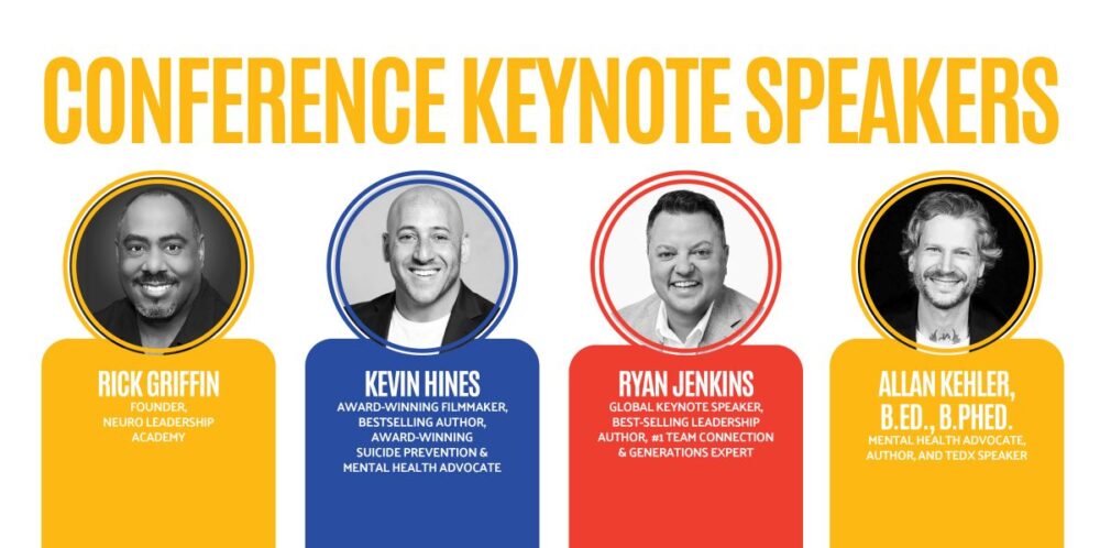 Four keynote speakers are featured in colored circles with their names, titles, and credentials beneath each photo. The text above reads "Conference Keynote Speakers" in large yellow letters on a white background. South Florida Business & Wealth