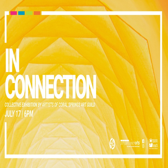 Yellow abstract spiral artwork with bold white text reading "IN CONNECTION." Additional text below: "Collective exhibition by artists of Coral Springs Art Guild, July 17 | 6PM." Logos are featured on the bottom right. South Florida Business & Wealth