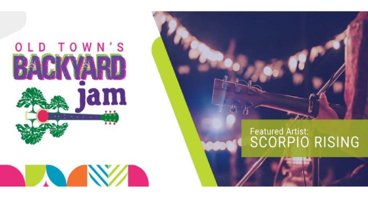 Banner for "Old Town's Backyard Jam" featuring a decorated guitar graphic on the left. On the right, a close-up of a guitar with string lights in the background and text: "Featured Artist: SCORPIO RISING. South Florida Business & Wealth