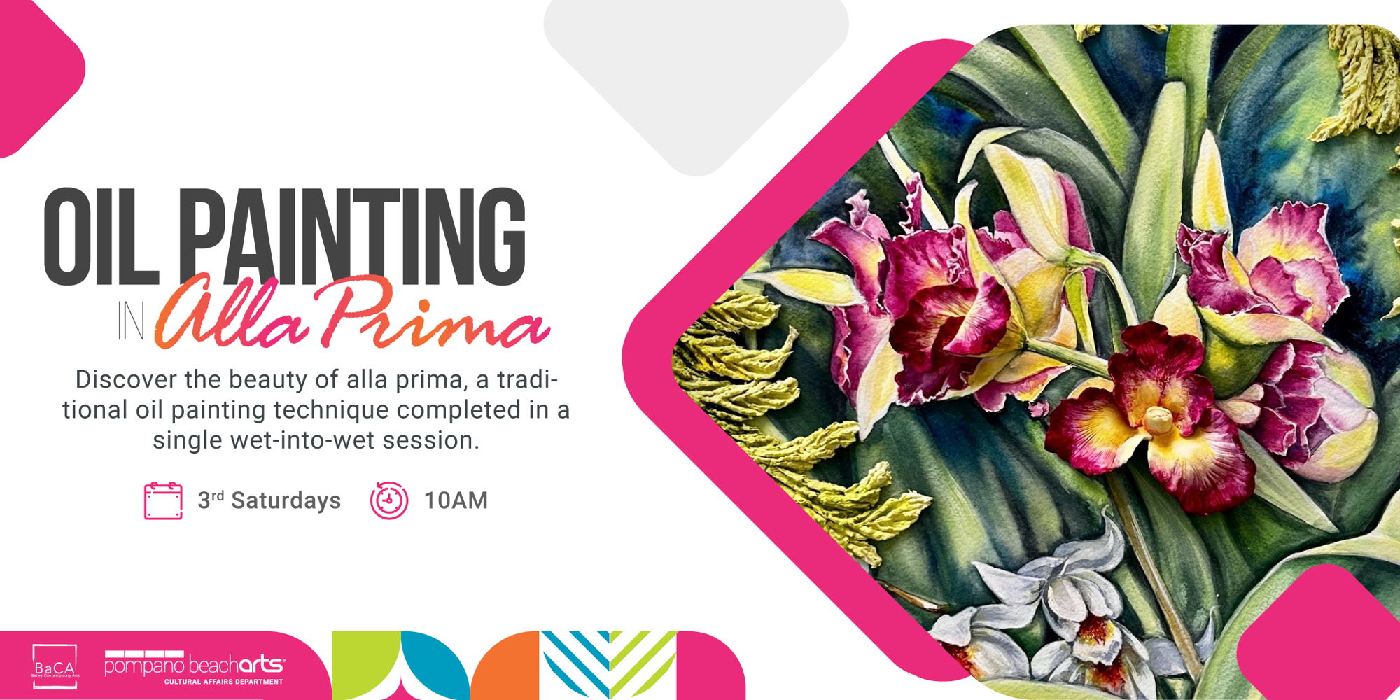 Promotional graphic for an oil painting event, featuring vibrant flowers in oil paint within a geometric frame. Text highlights an “Alla Prima” painting session held on the 3rd Saturdays at 10AM. South Florida Business & Wealth