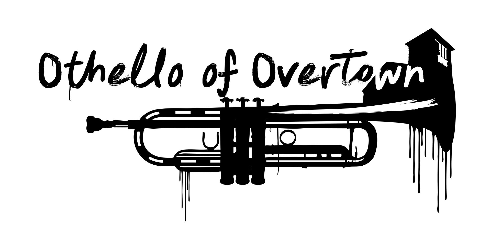 Black and white graphic with text "Othello of Overtown" above a dripping trumpet illustration; the trumpet’s bell morphs into the silhouette of a building. South Florida Business & Wealth
