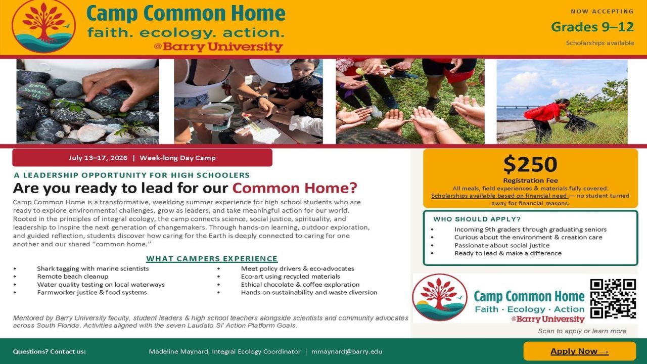 A colorful flyer for Camp Common Home at Barry University for grades 9–12, featuring program details, registration fee, camp activities, dates, and scholarship info, with photos of teens, plants, and the camp logo. South Florida Business & Wealth