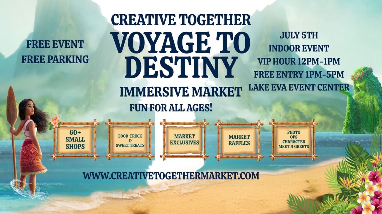 Colorful event flyer for “Creative Together: Voyage to Destiny Immersive Market,” featuring island and ocean imagery, character art, and event details, including free entry, market activities, and date/location information. South Florida Business & Wealth