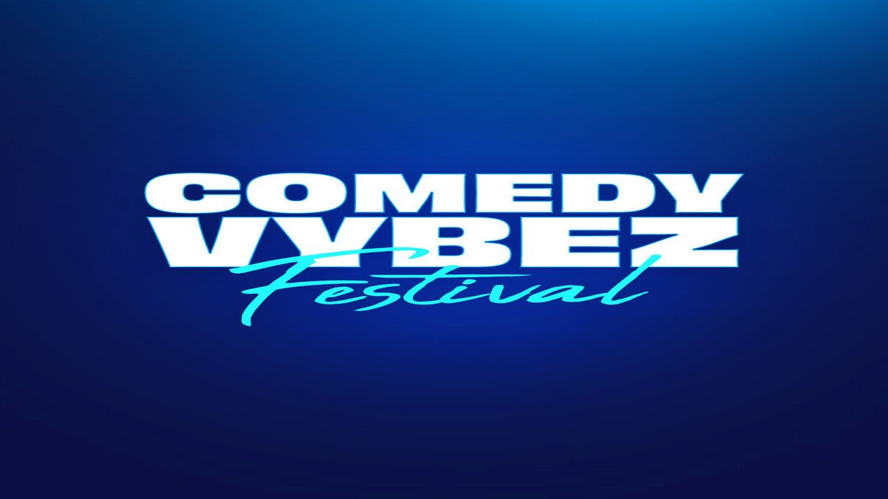 White text on a dark blue background reads "COMEDY VYBEZ" in bold, uppercase letters. The word "Festival" appears below in a light blue, cursive font. South Florida Business & Wealth