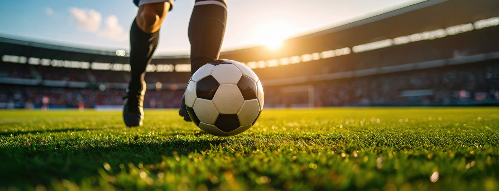 A soccer player prepares to kick a black-and-white soccer ball on a green field, with a stadium full of spectators and the sun setting in the background. South Florida Business & Wealth