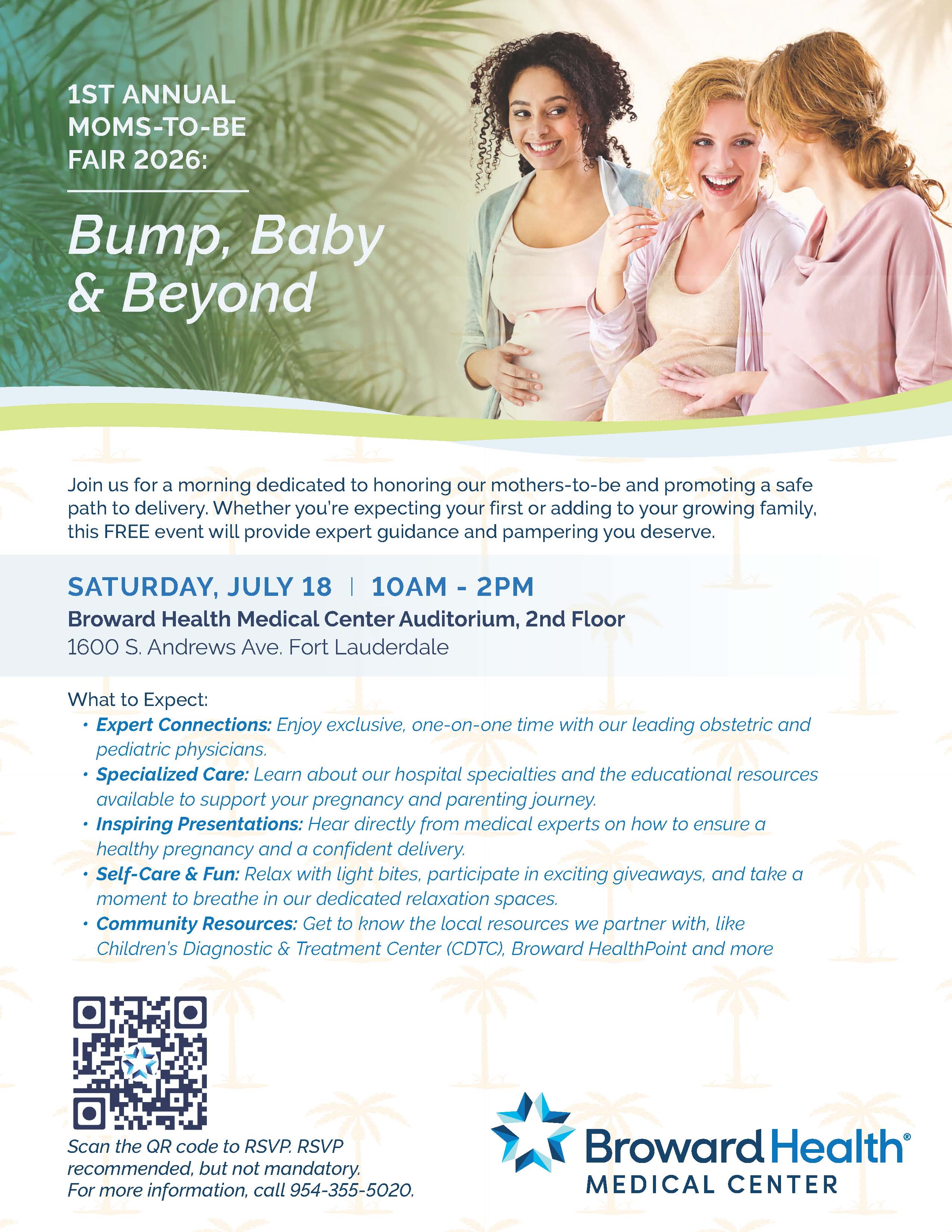 Flyer for the "1st Annual Moms-To-Be Fair 2026: Bump, Baby & Beyond," featuring smiling women, event details for July 18 at Broward Health, and information on workshops and presentations for expecting families. South Florida Business & Wealth