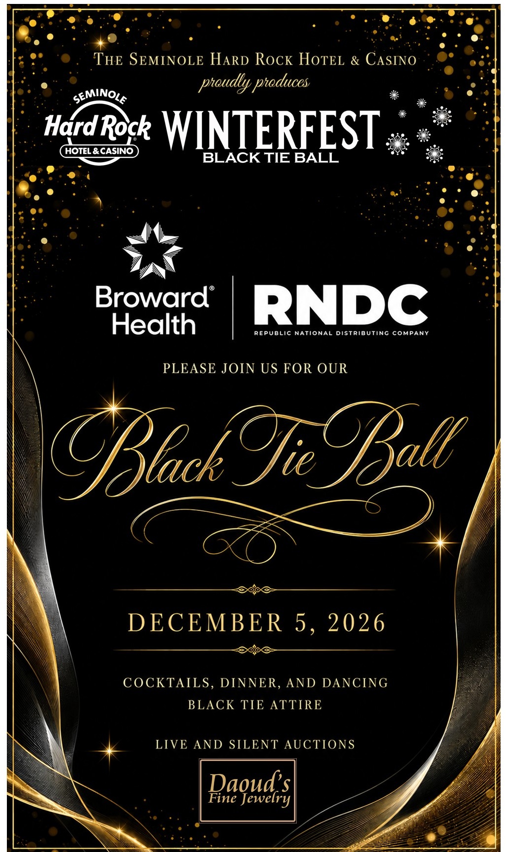 Invitation for the Black Tie Ball, held on December 5, 2026, at The Seminole Hard Rock Hotel & Casino, with sponsors' logos, event details, and gold and black festive decorations. South Florida Business & Wealth