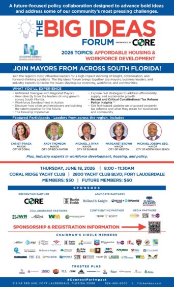 Event flyer for "The Big Ideas Forum" on June 18, 2026, in Fort Lauderdale, featuring mayors from South Florida discussing affordable housing and workforce development, with speaker photos and event details. South Florida Business & Wealth