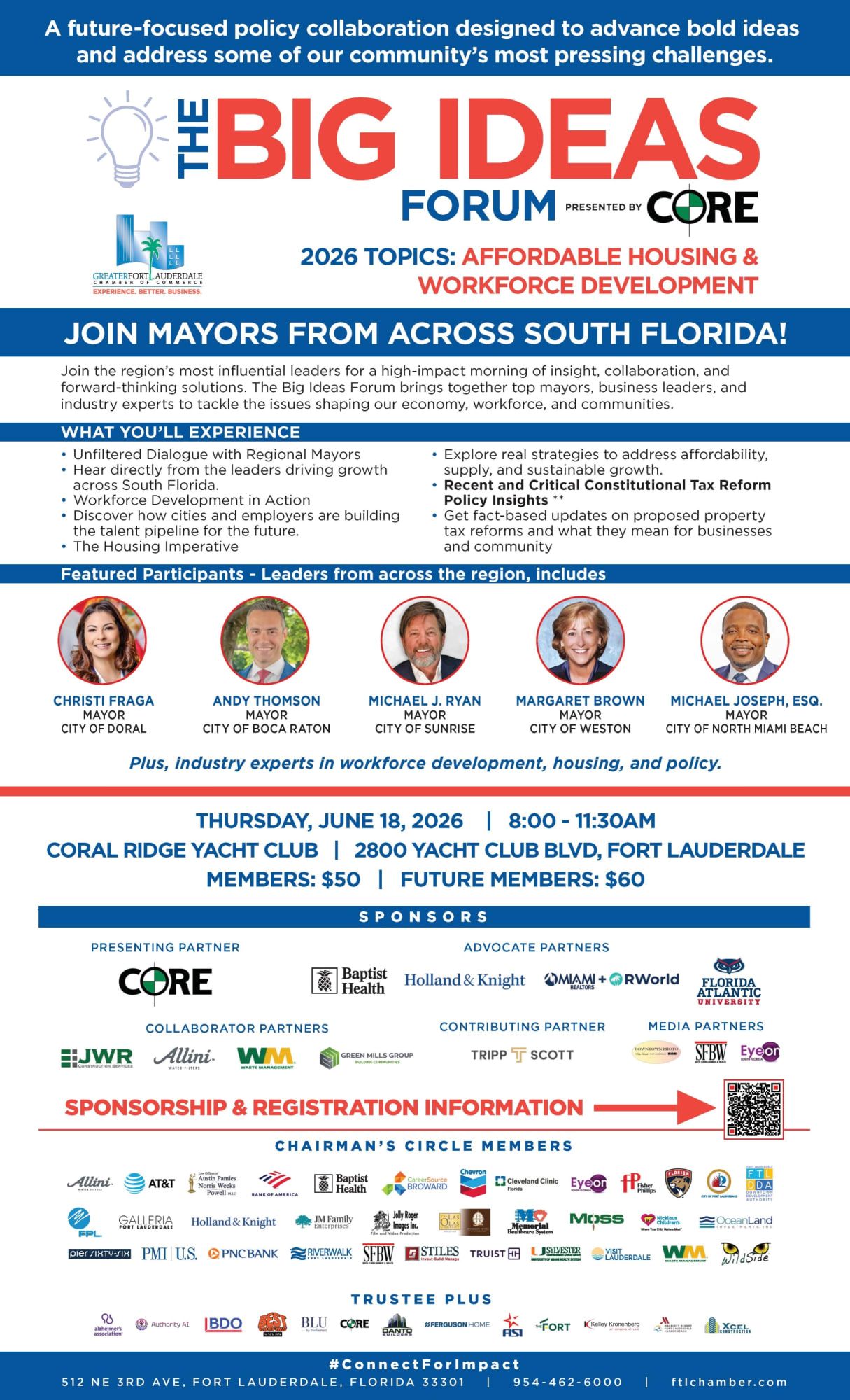 Event flyer for "The Big Ideas Forum" on June 18, 2026, in Fort Lauderdale, featuring mayors from South Florida discussing affordable housing and workforce development, with speaker photos and event details. South Florida Business & Wealth