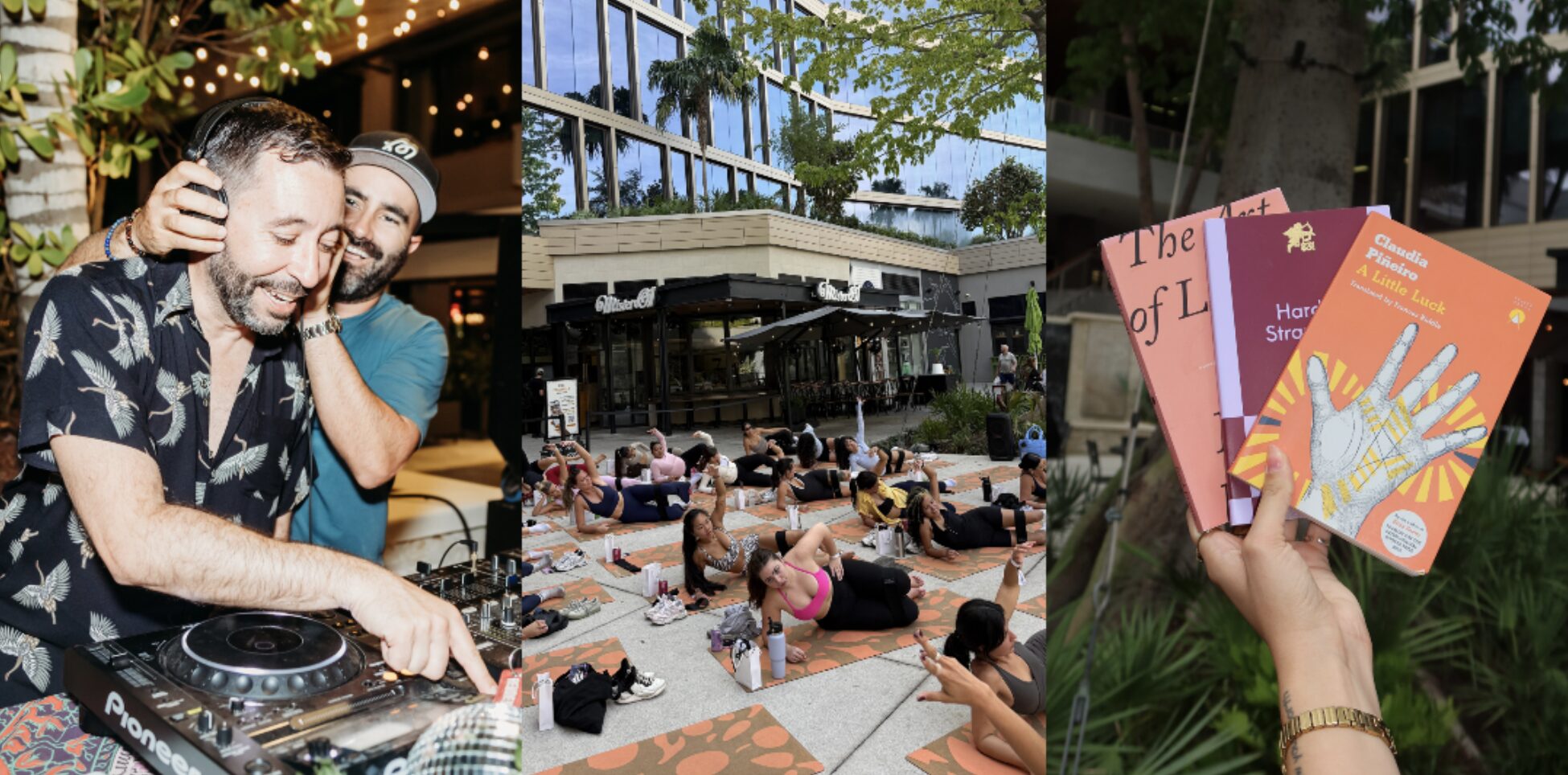 A collage with three sections: a DJ smiling as another person hugs him from behind, a group of people practicing yoga outdoors in front of a building, and a hand holding colorful booklets about palmistry. South Florida Business & Wealth