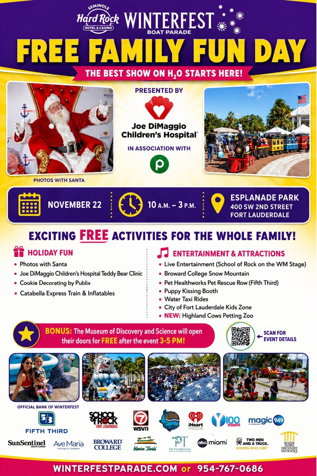 Colorful flyer for Winterfest Family Fun Day on November 22, 10 a.m.–3 p.m., at Esplanade Park, Ft. Lauderdale. Features free activities, holiday events, kids’ zones, entertainment, food, and photos with Santa. South Florida Business & Wealth