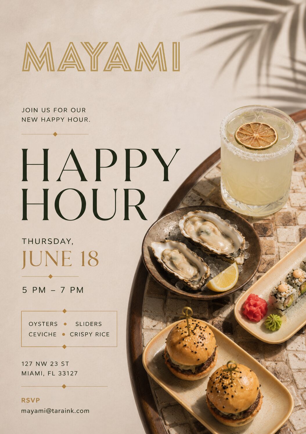 A stylish happy hour invitation features a cocktail with a dried lime slice, oysters, sliders, sushi, and ceviche on a beige surface. Event details read: Happy Hour, Thursday, June 18, 5–7 PM at Mayami, Miami, FL. South Florida Business & Wealth