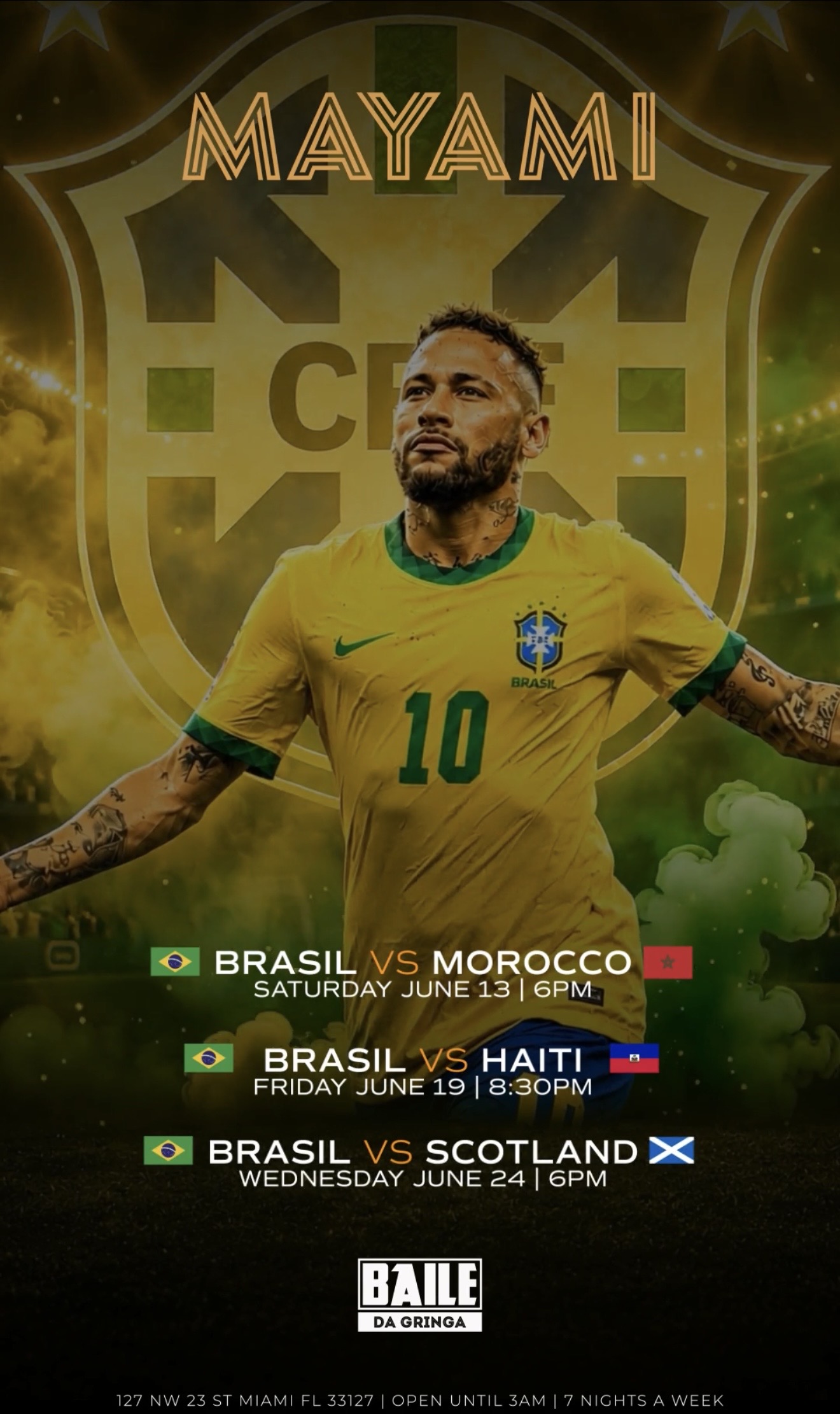 A promotional poster features Brazilian soccer player Neymar celebrating, with match details for Brazil vs. Morocco, Haiti, and Scotland in June, on a vibrant yellow and green background with the Brazil crest. South Florida Business & Wealth