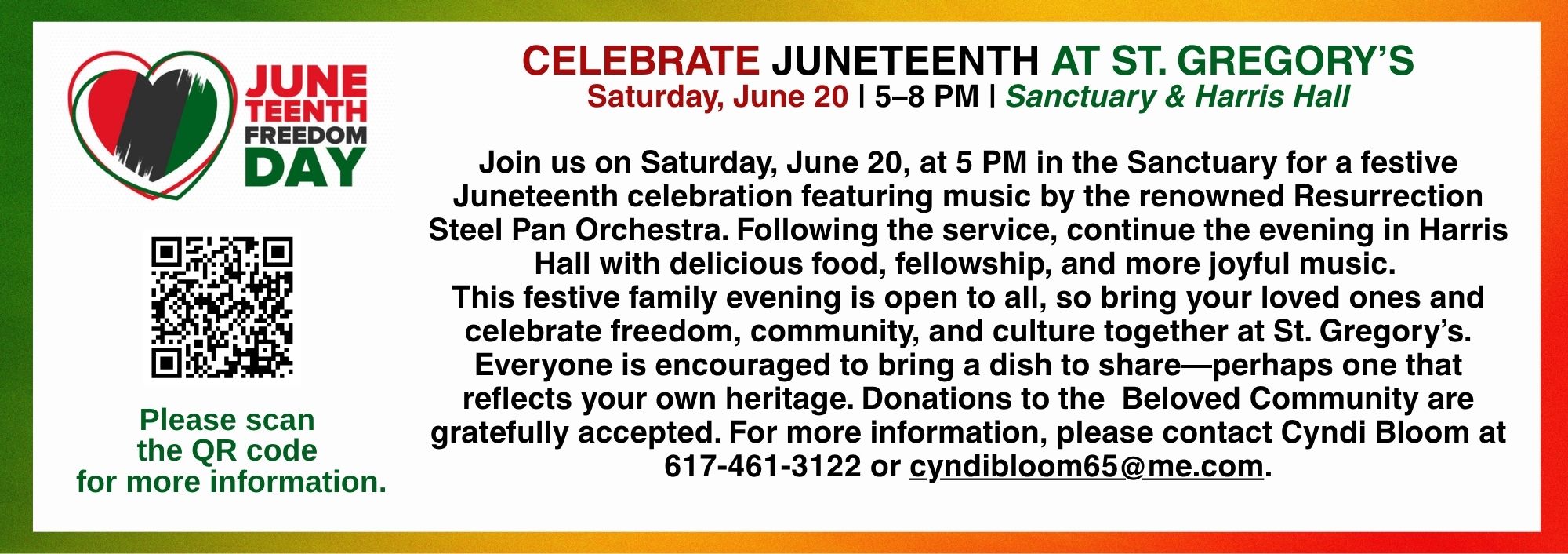 Flyer for "Celebrate Juneteenth at St. Gregory's" event on Saturday, June 20, 5–8 PM, featuring music, food, and donations for the Beloved Community; includes a QR code and contact info. South Florida Business & Wealth