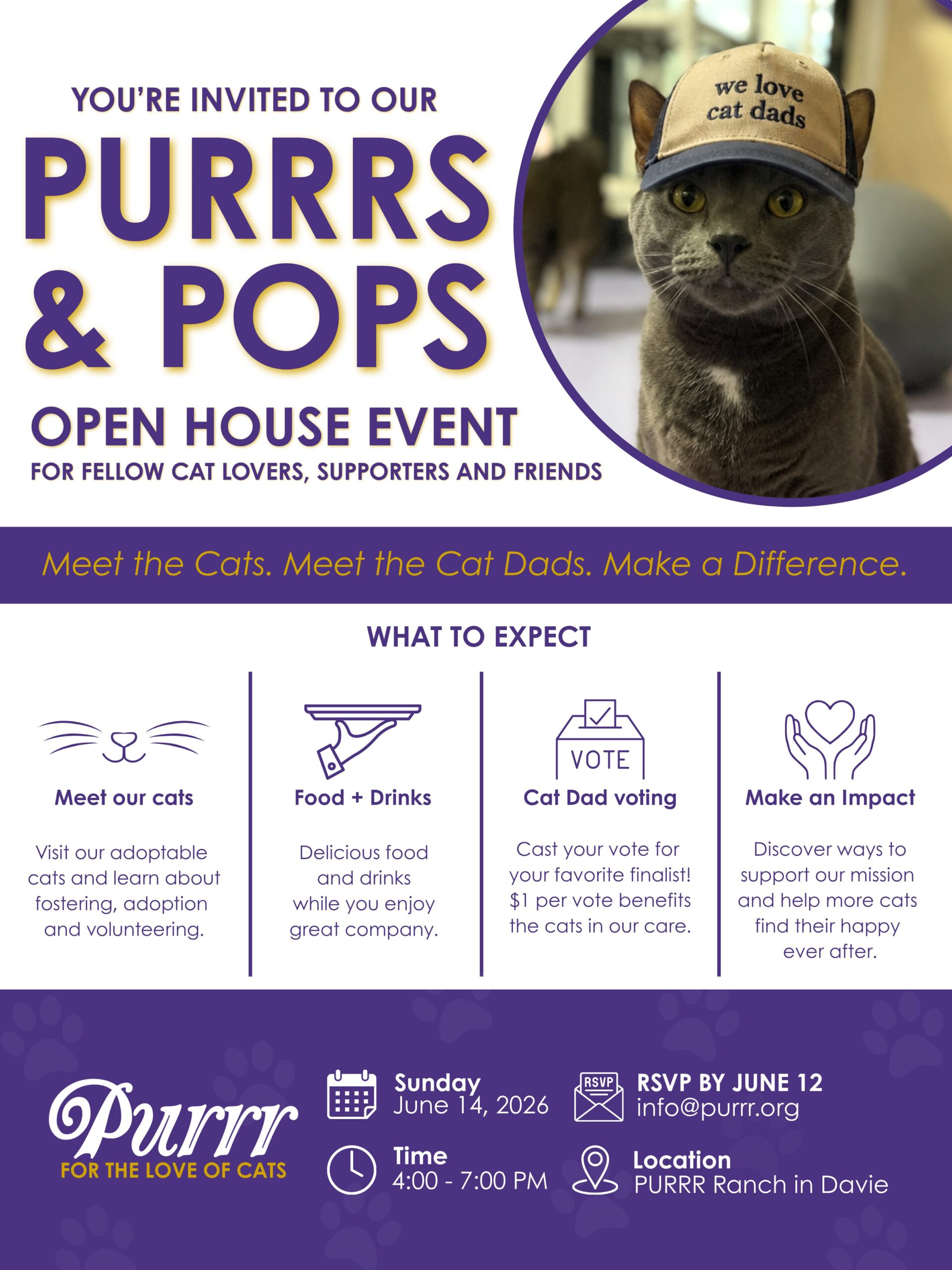 A flyer for “PURRS & POPS” open house features a cat wearing a “we love cat dads” hat. Info includes cat adoption, food, drinks, cat dad voting, and event details for June 14, 2026, at PURRR Ranch in Davie. South Florida Business & Wealth