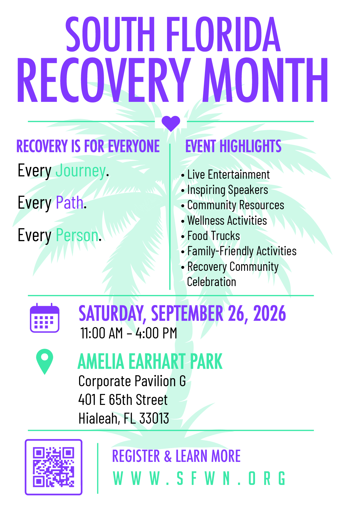 Flyer for South Florida Recovery Month featuring event details for Saturday, September 26, 2026, at Amelia Earhart Park. Highlights include entertainment, wellness activities, food trucks, and a QR code for more info. South Florida Business & Wealth