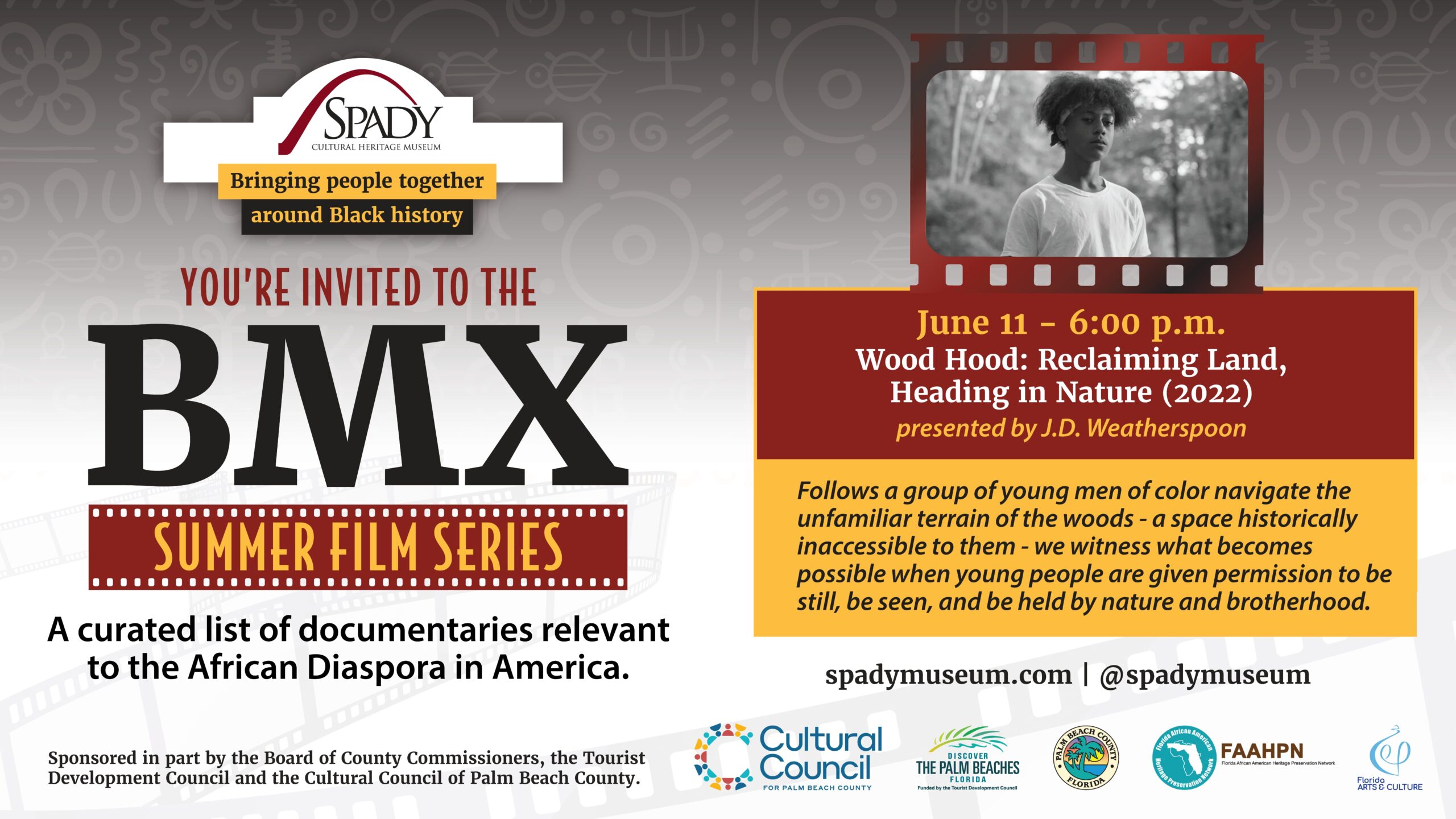 An event flyer for the "BMX Summer Film Series" at Spady Museum, featuring a screening of "Wood Hood: Reclaiming Land, Heading in Nature" on June 11 at 6 p.m., with logos and event details on a textured background. South Florida Business & Wealth