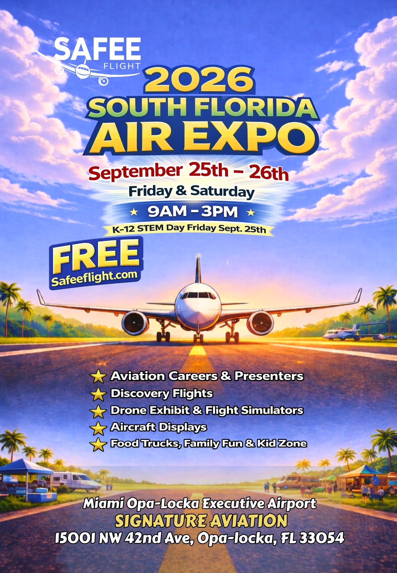 Poster for the 2026 South Florida Air Expo, showing an airplane landing at sunset. Event is Sept 25–26, 9am–3pm at Opa-Locka Airport, with free entry, activities, airshows, and family fun. South Florida Business & Wealth