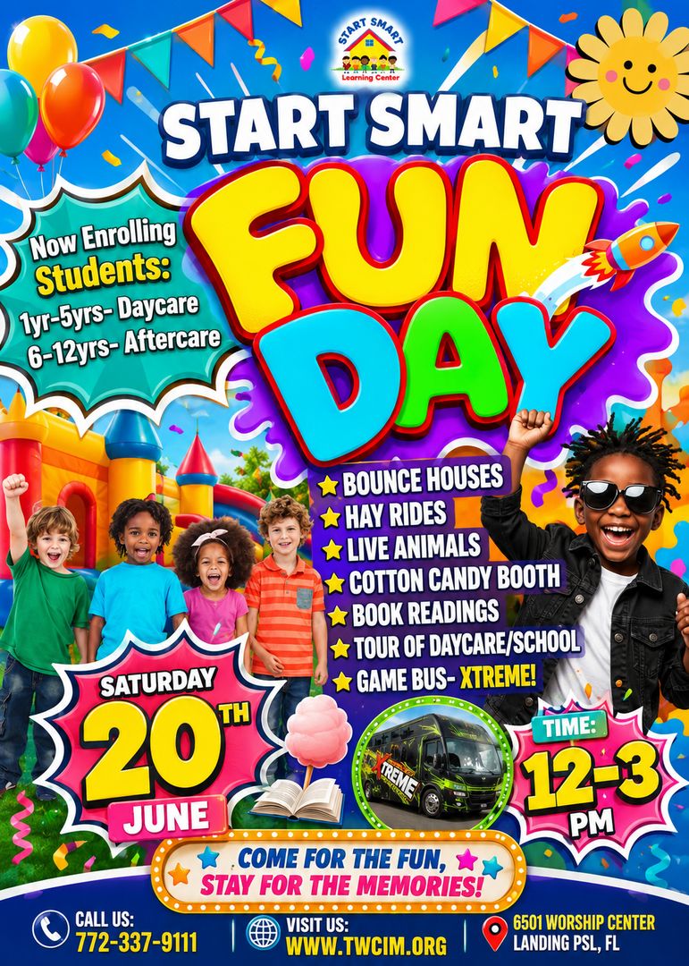 Colorful flyer for "Start Smart Fun Day" featuring kids celebrating, event date June 20th, 12-3 PM. Activities include bounce houses, live animals, a cotton candy booth, games, and more. Location and contact details are shown. South Florida Business & Wealth
