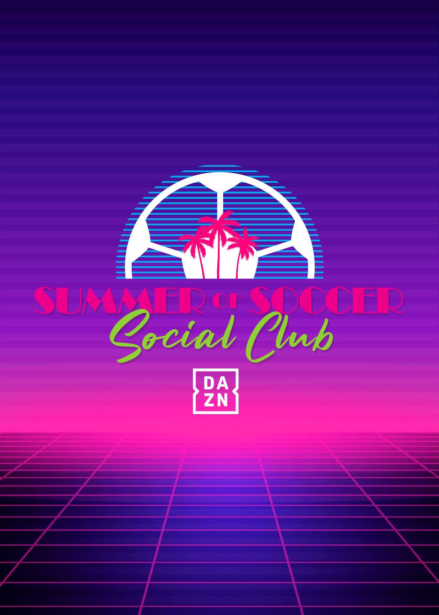 Retro-style poster with a soccer ball, pink palm trees, and the text “SUMMER OF SOCCER Social Club” above a DAZN logo, set against a purple and pink neon grid background. South Florida Business & Wealth