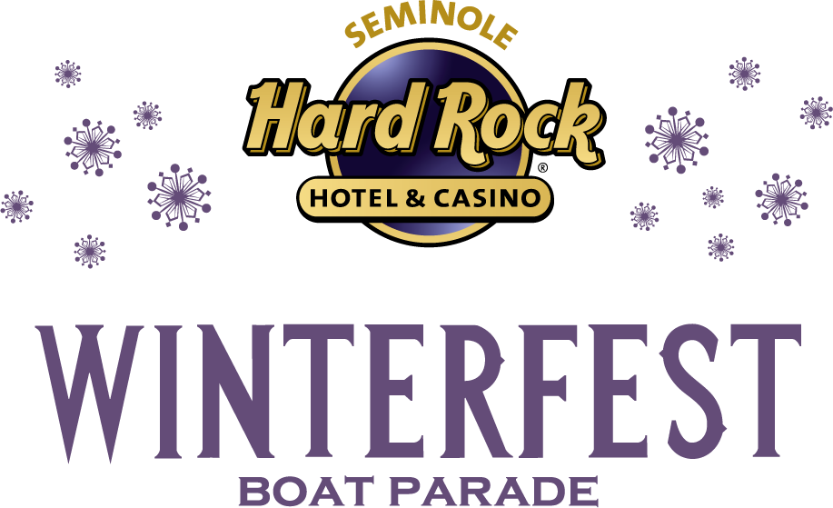 Logo for Seminole Hard Rock Hotel & Casino with purple snowflakes around it, above the text "Winterfest Boat Parade" in large purple letters. South Florida Business & Wealth