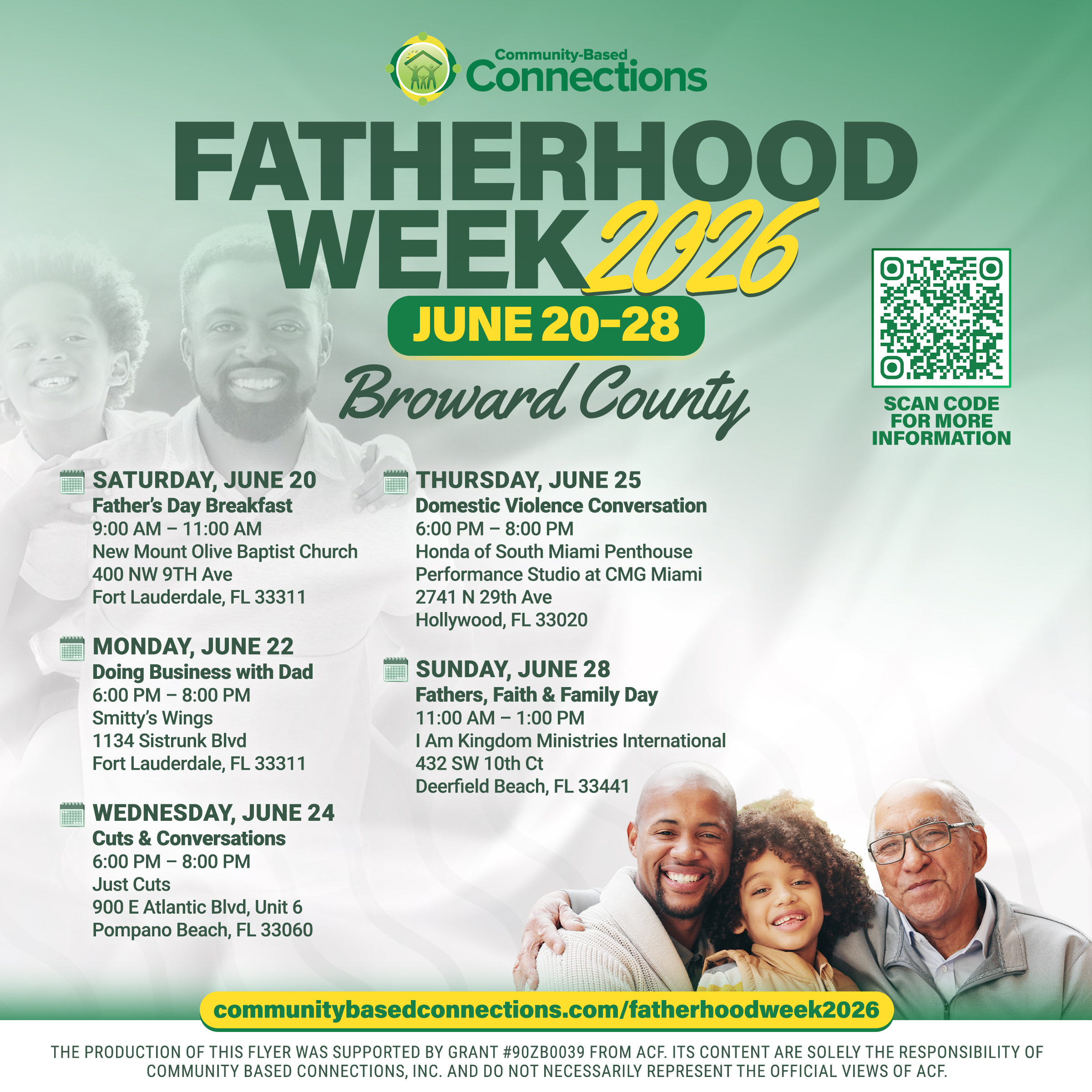 Flyer for “Fatherhood Week 2026” in Broward County, June 20-26, listing event dates, locations, and times. Includes smiling families, event QR code, and website link for more information. South Florida Business & Wealth