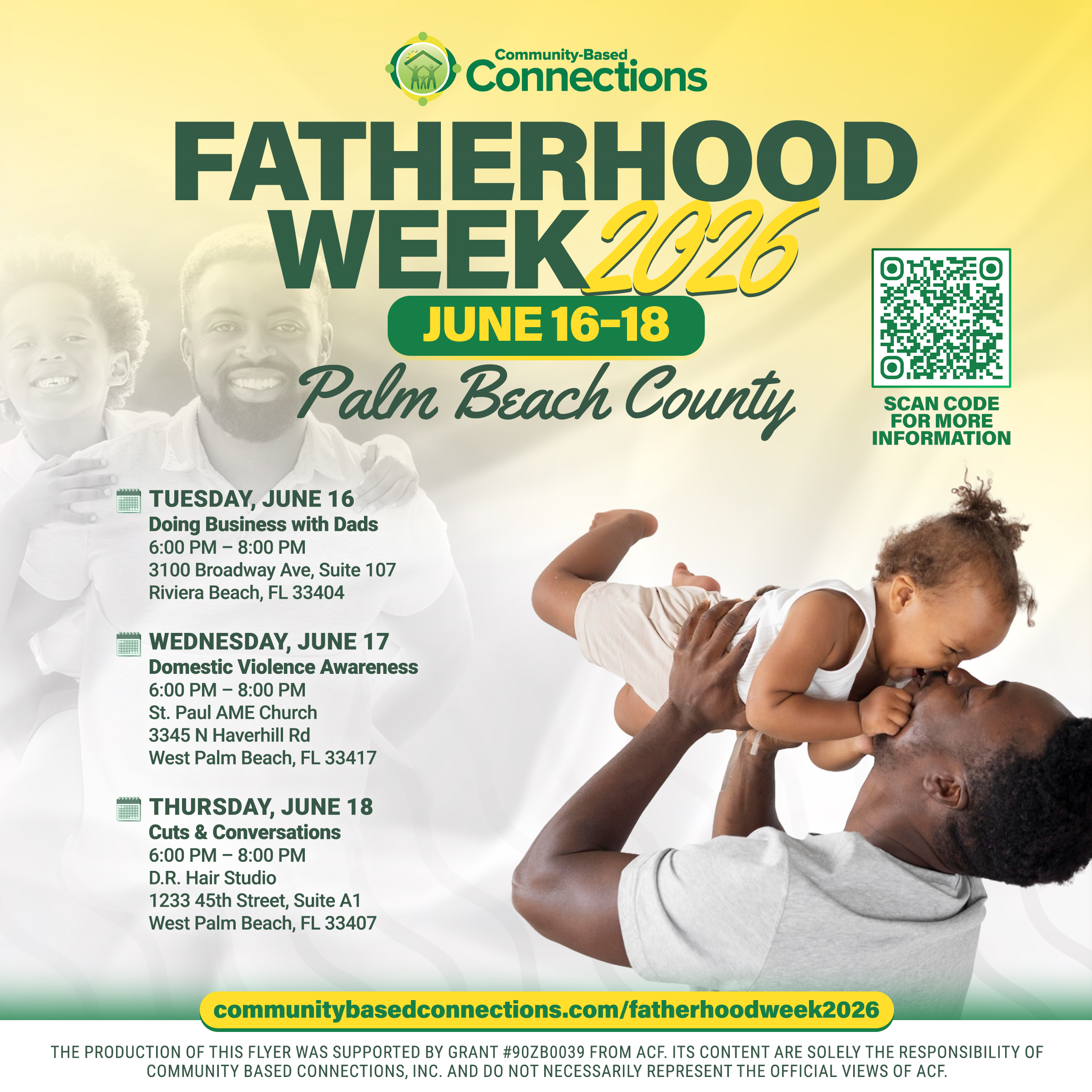 Fatherhood Week 2026 event flyer for Palm Beach County, June 16-18, with a smiling father and two children. Includes event dates, locations, times, and a QR code for more information. South Florida Business & Wealth