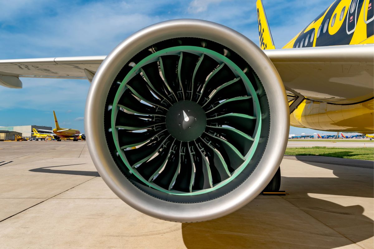 Close-up view of a modern jet engine turbine attached to a yellow airplane, parked on an airport tarmac under a blue sky. South Florida Business & Wealth