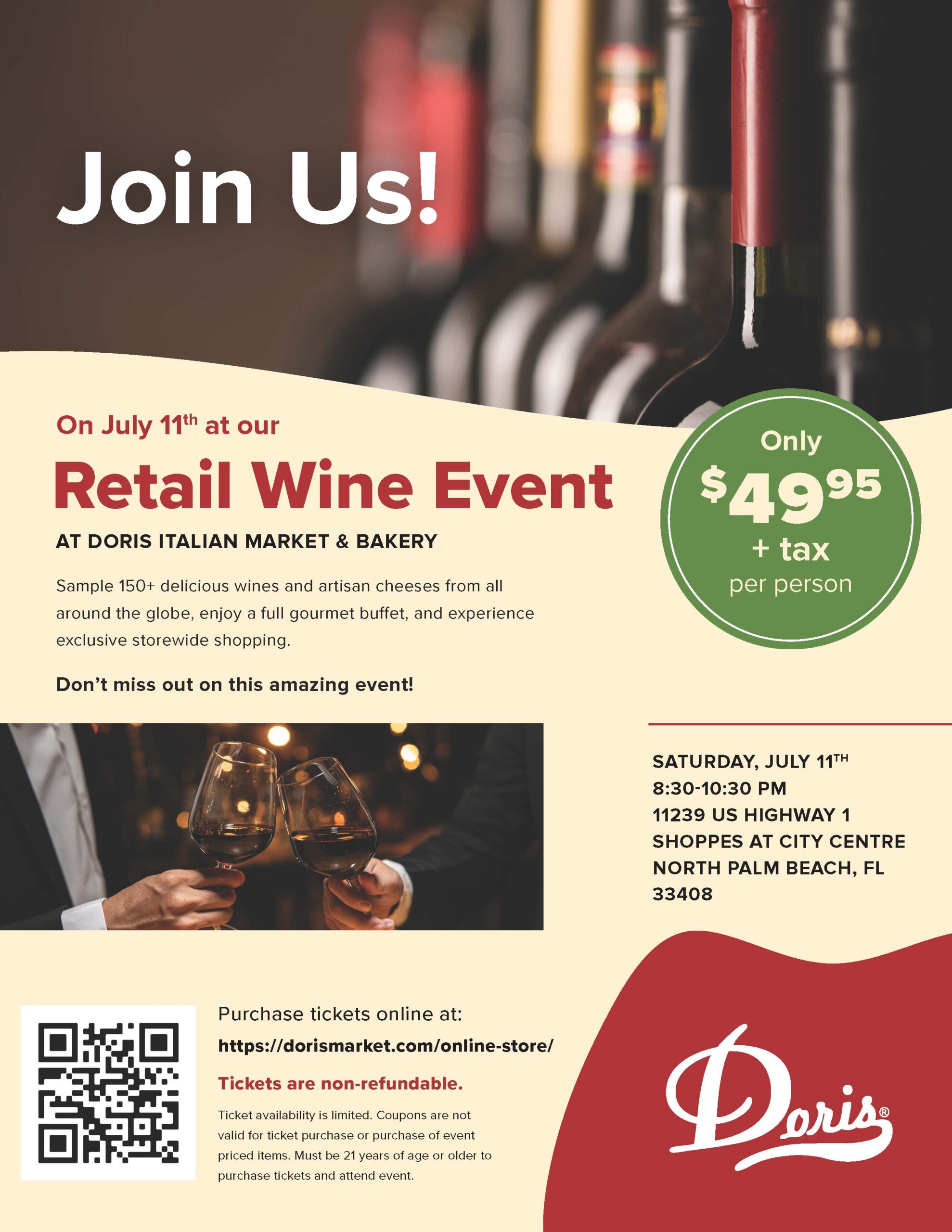 Flyer for Doris Italian Market & Bakery’s Retail Wine Event on July 11th, featuring a $49.95 per person wine tasting with cheeses, buffet, and details about time, location, and ticket purchase information. South Florida Business & Wealth