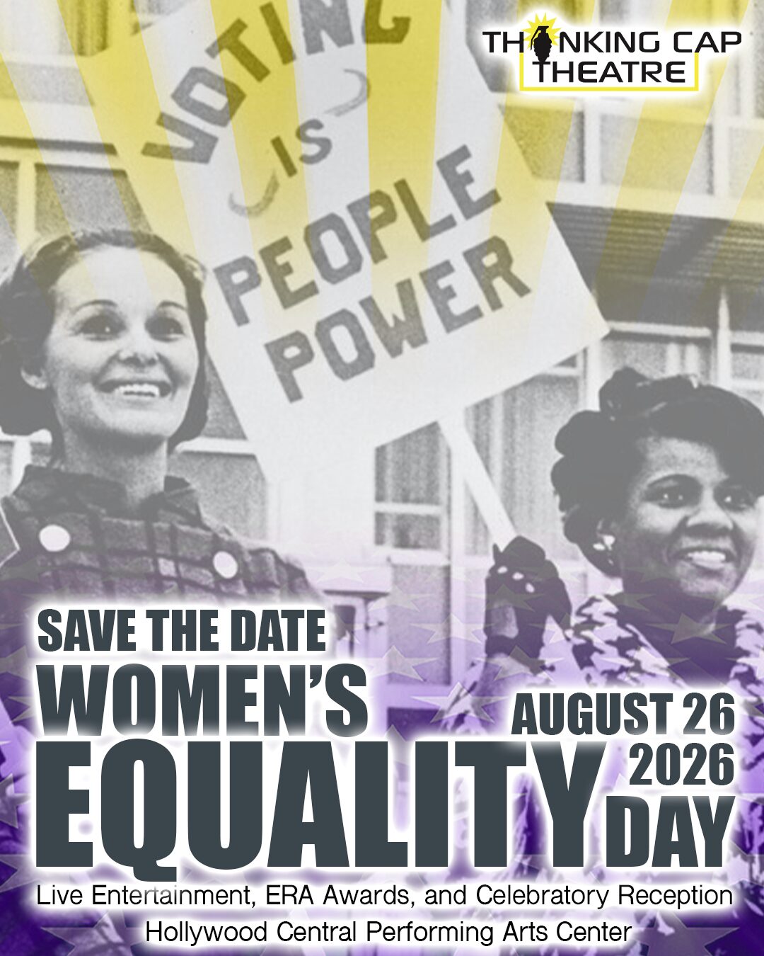 Two women smile at a rally; one holds a sign reading “Voting is People Power.” Text on the image promotes Women's Equality Day on August 26, 2026, at the Hollywood Central Performing Arts Center. South Florida Business & Wealth