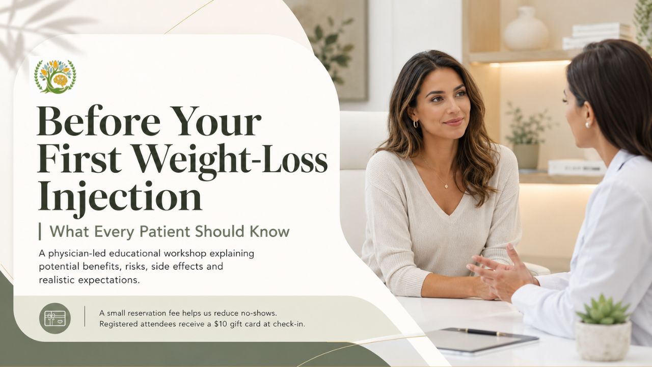 A doctor speaks with a woman in an office. Text about a weight-loss injection workshop includes risks, side effects, and expectations. A note mentions a reservation fee and a $10 gift card for registered attendees. South Florida Business & Wealth