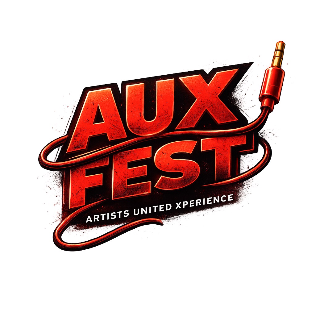 AUX FEST logo in bold red letters with a cable and jack. Below, it says "Artists United Xperience." The design has a dynamic, energetic style with a slight grunge effect. South Florida Business & Wealth