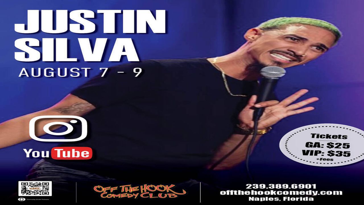 A man with short hair and a mustache performs stand-up comedy on stage. Text: "Justin Silva, August 7-9," ticket prices, social media icons, and Off The Hook Comedy Club details are shown. South Florida Business & Wealth